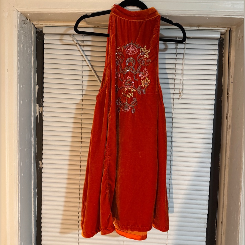 Embroidered Orange Velvet Halter Dress - Free People - Picture 3 of 5